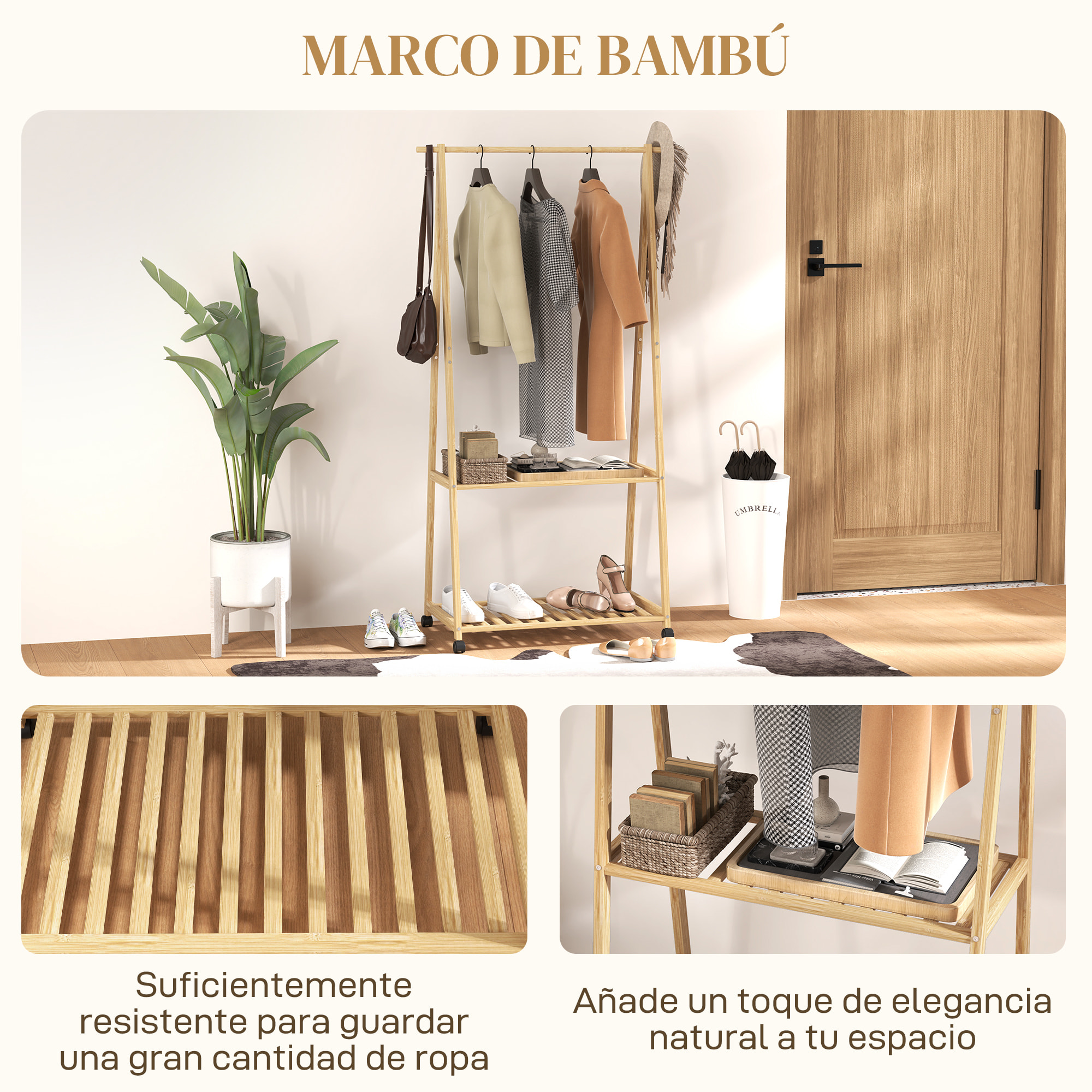 Burro para Ropa de Bambú Perchero Burro para Ropa con Ruedas 2 Estantes Abiertos y 2 Ganchos Perchero para Entrada Pasillo Dormitorio 84,5x43,5x158 cm Natural