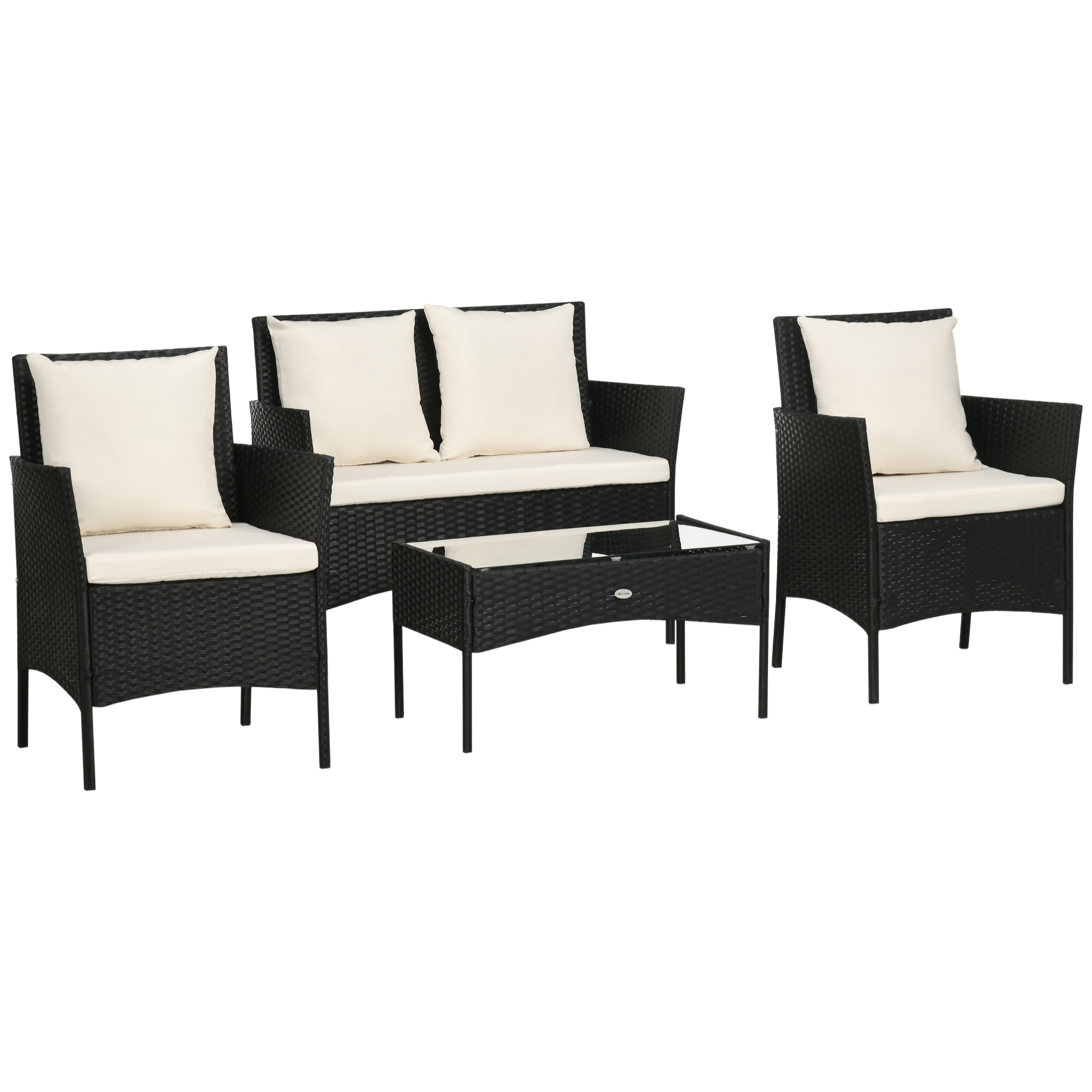 Outsunny Conjunto de Jardín de Ratán Sintético Juego de 4 Piezas Muebles de Jardín con 2 Sillones 1 Sofá de 2 Plazas 1 Mesa de Centro con Tablero de Vidrio y Cojines Negro y Crema