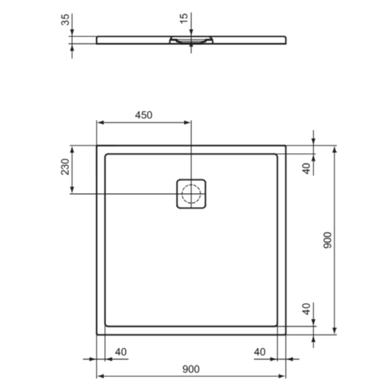 Receveur de douche antidérapant Ultra Flat Evo recoupable avec bonde longueur 90 x 90