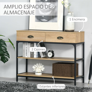 Mesa Consola Mesa de Entrada con 2 Cajones y 2 Estantes de Almacenamiento Marco de Acero Mueble Recibidor para Pasillo Salón 100x35x79,2 cm Roble