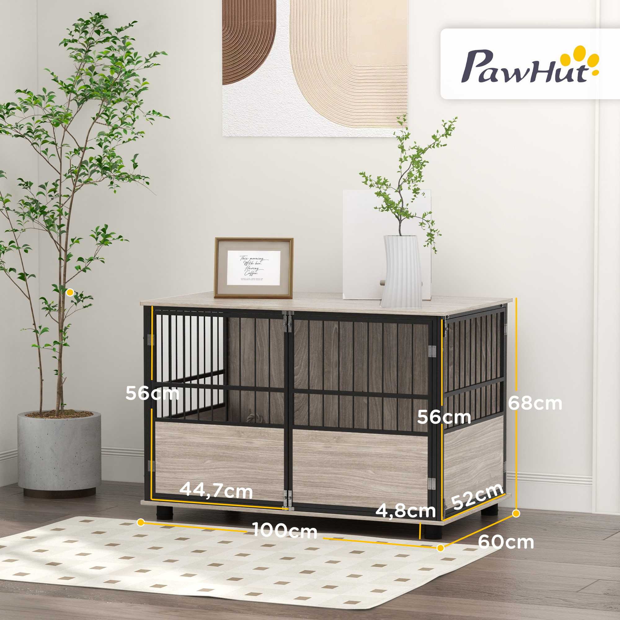 Cage pour chien animaux style industriel - porte coulissante verrouillable - acier noir panneaux aspect bois