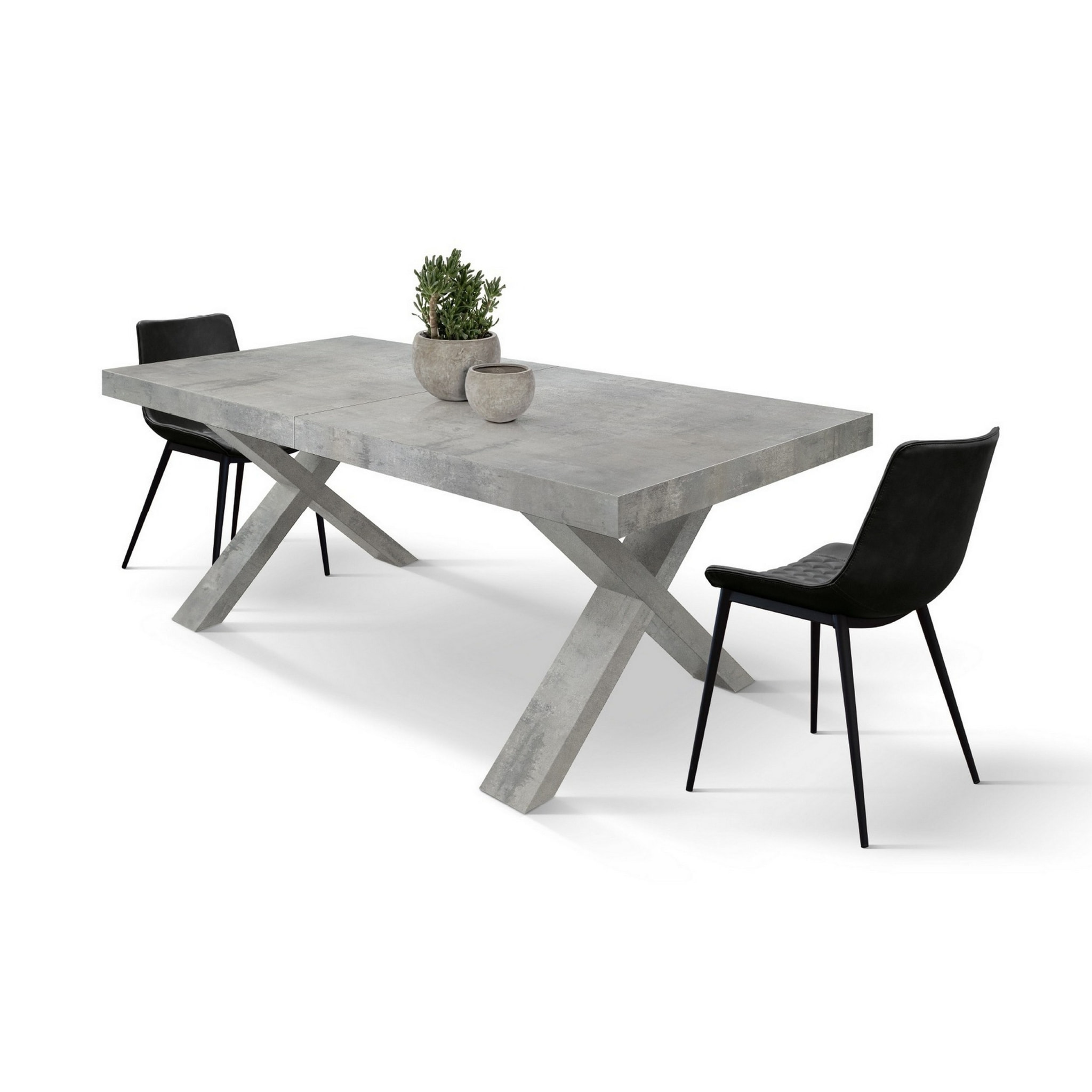 Tavolo allungabile AMALFI in legno effetto grigio cemento e gambe a X grigio cemento, allungabile 160x90 cm - 240x90 cm