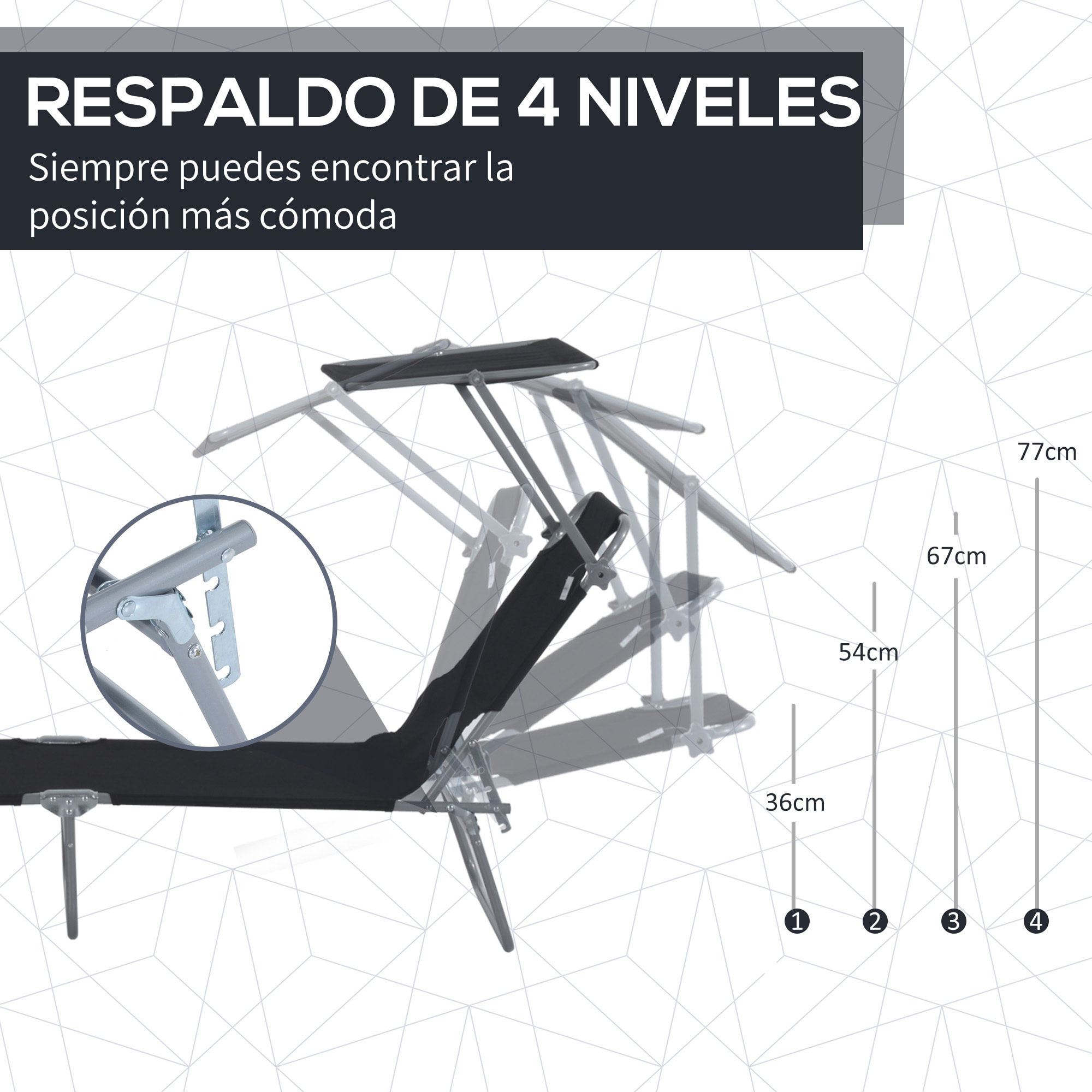 Conjunto de 2 Tumbonas Plegables Tumbonas de Jardín con Toldo Desmontable y Ajustable Respaldo Regulable en 4 Niveles Carga 120 kg para Playa Terraza 187x58x36 cm Negro