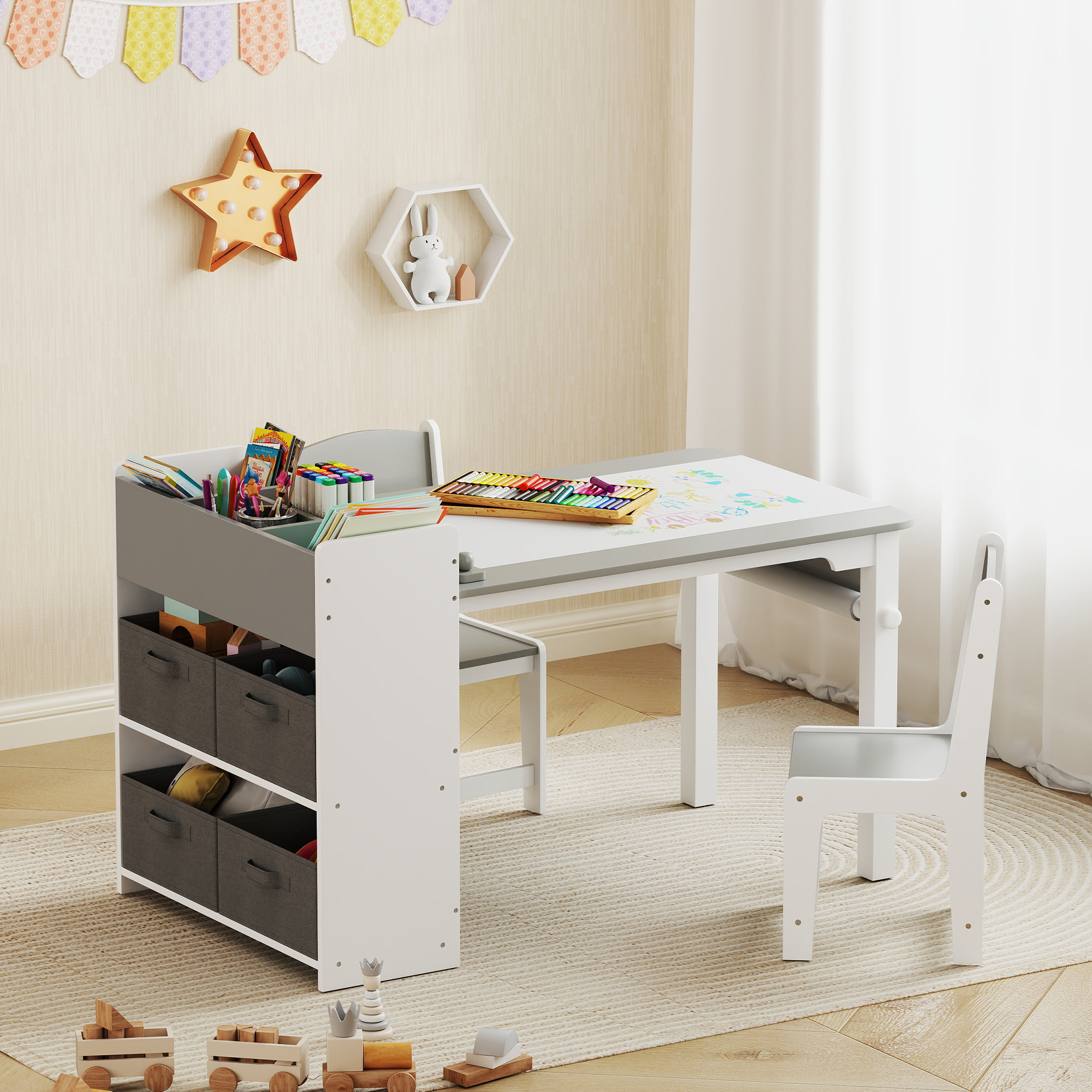 Table enfant avec 2 chaises en bois rouleau de papier étagères tiroirs blanc gris