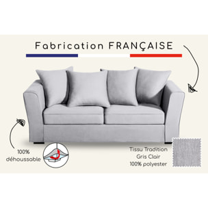 Canapé 3 pl YSER 200 cm fixe tissu Tradition Gris Clair - 100% déhoussable - Fabriqué en France