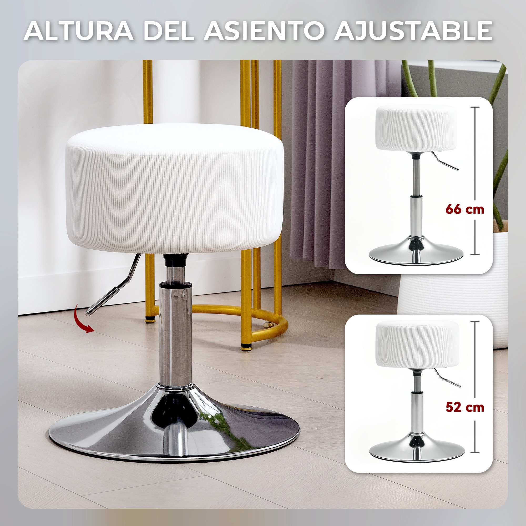 Taburete de Bar Taburete Alto de Cocina Regulable en Altura 52-66 cm Tapizado en Pana Giratorio en 360° para Comedor Tocador Mostrador Blanco