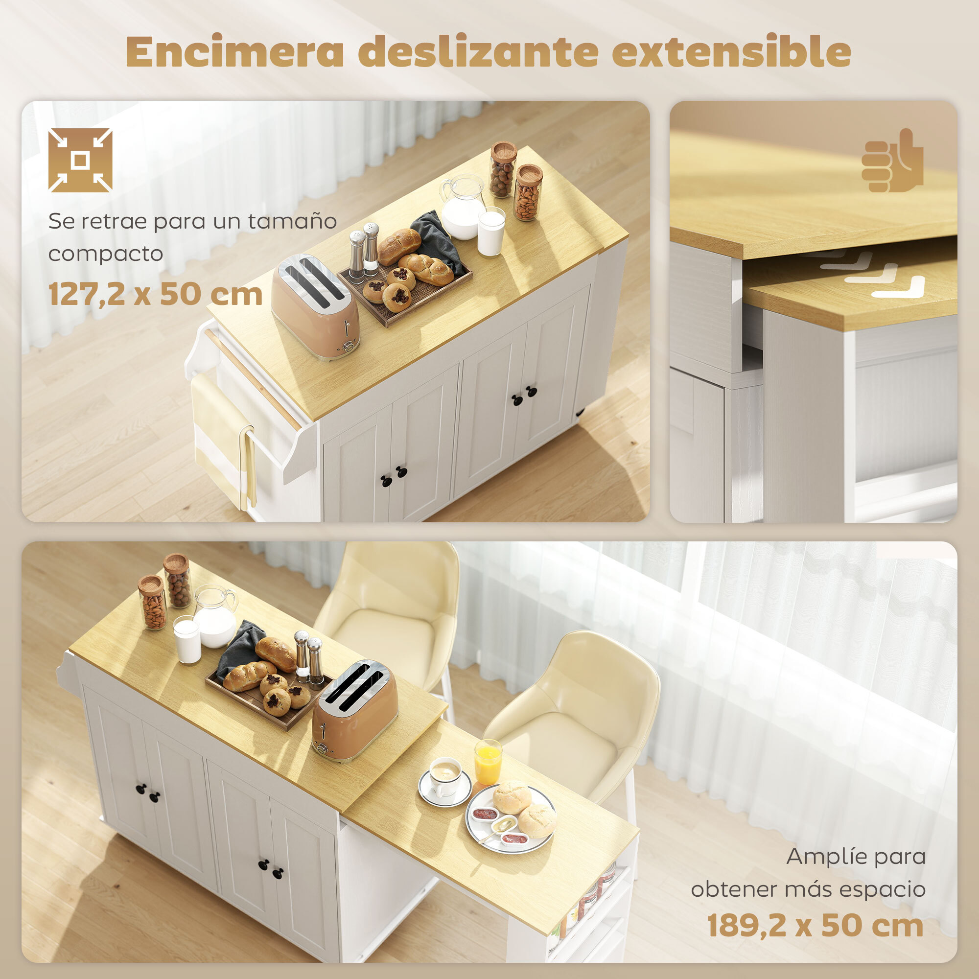 Isla de Cocina con Ruedas, Encimera Extensible, Carro de Cocina con 4 Puertas, Estantes Ajustables, Estantería Lateral Abierta, Especiero y Soporte para Toallas, para Comedor, Blanco