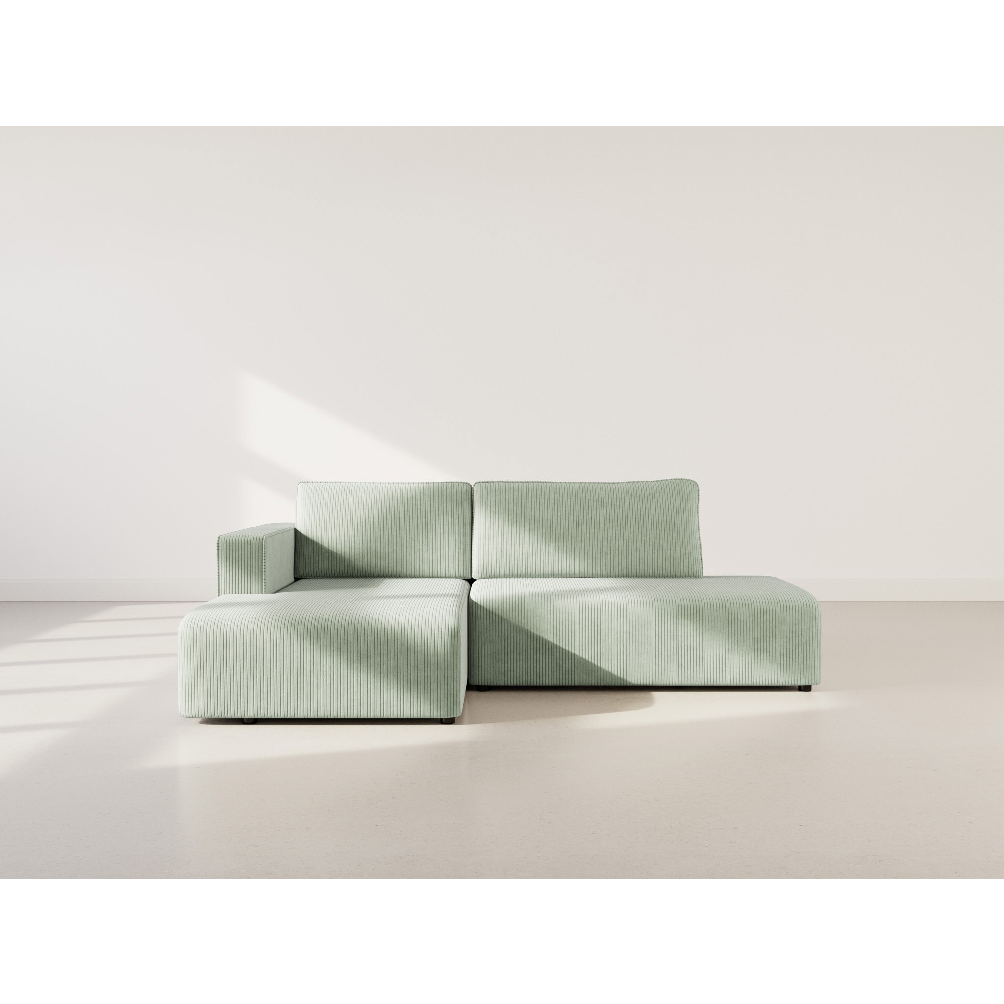 Topaze - canapé d'angle gauche 4 places convertible avec coffre en velours côtelé - Vert sauge