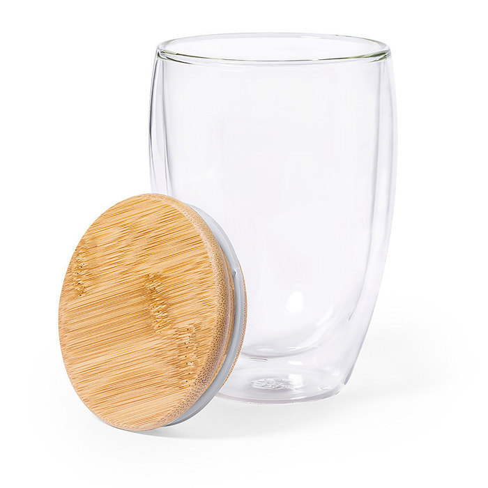 Vetro termico borosilicato a doppia parete 350 ml Con coperchio in bambù