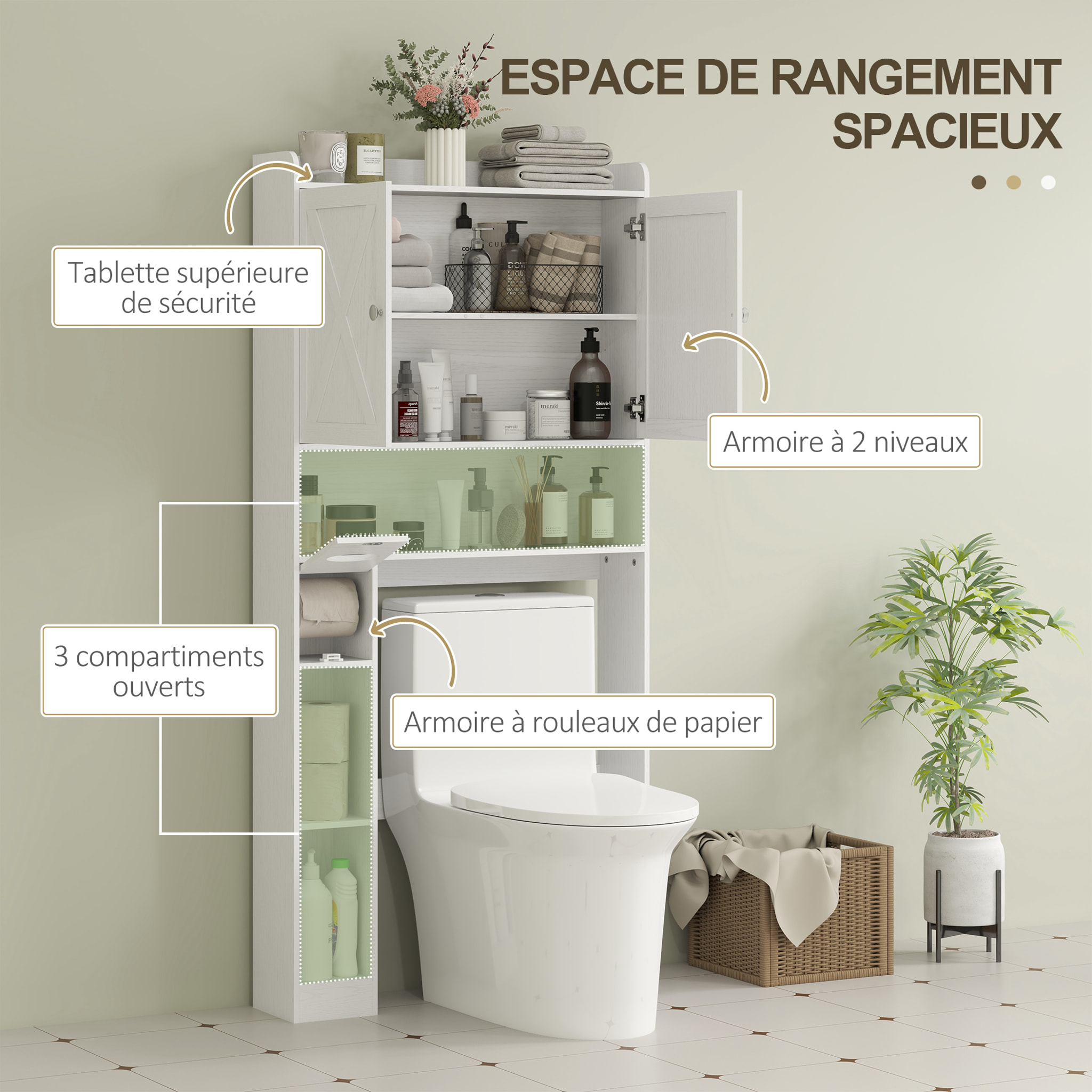 Meuble WC meuble dessus toilettes 2 portes étagère 3 niches porte-papier blanc