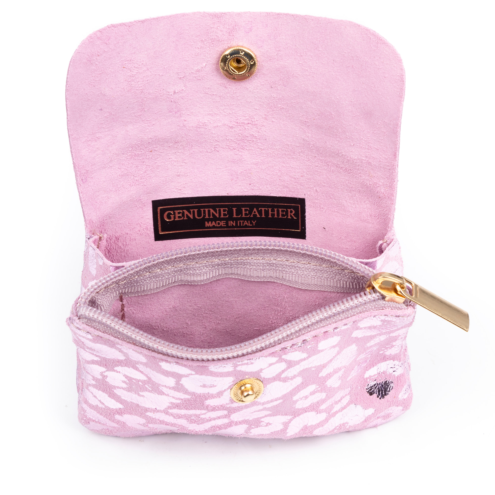 Alpignano monedero mujer. Piel auténtica Gamuza, diseño animal print leopardo, lacada brillante.