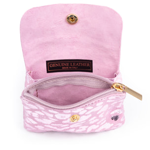 Alpignano monedero mujer. Piel auténtica Gamuza, diseño animal print leopardo, lacada brillante.
