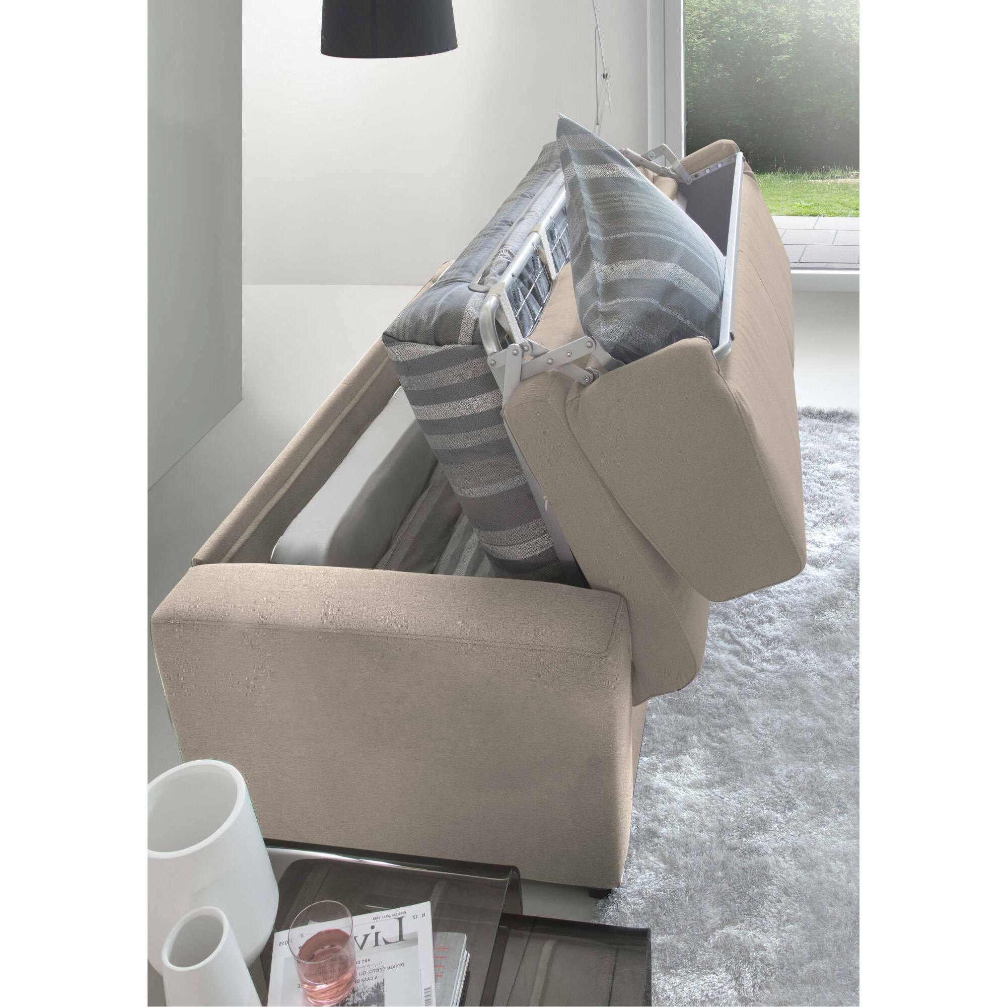 Divano letto con penisola Albenga, Sofà apertura girevole, Penisola contenitore Sinistra, Braccioli slim, 100% Made in Italy, Cm 260x95h90, Tortora