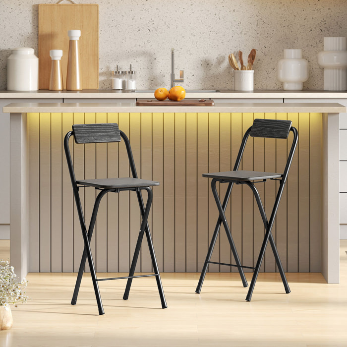 Lot de 2 tabourets de bar pliants avec dossier et repose-pieds acier noir effet bois noir