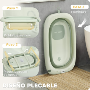Bañera Plegable Bebé, Bañera Portátil con Cojín de Baño, Soporte con Botón, Orificio de Drenaje y de Ducha, Repisa, Gancho, para Recién Nacidos y Bebé hasta 3 Años, Verde