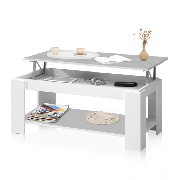 Mesa de centro elevable con almacenaje en blanco mate y gris cemento 120x43-54 cm Lya Blanco Artik (Blanco Mate) - Gris Cemento