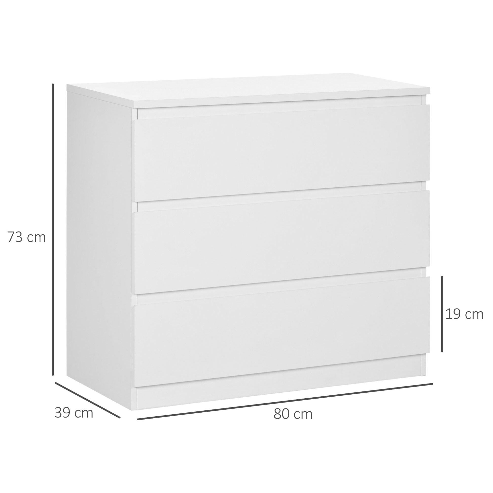 Commode 3 tiroirs coulissants dim. 80L x 39l x 73H cm panneau particules blanc