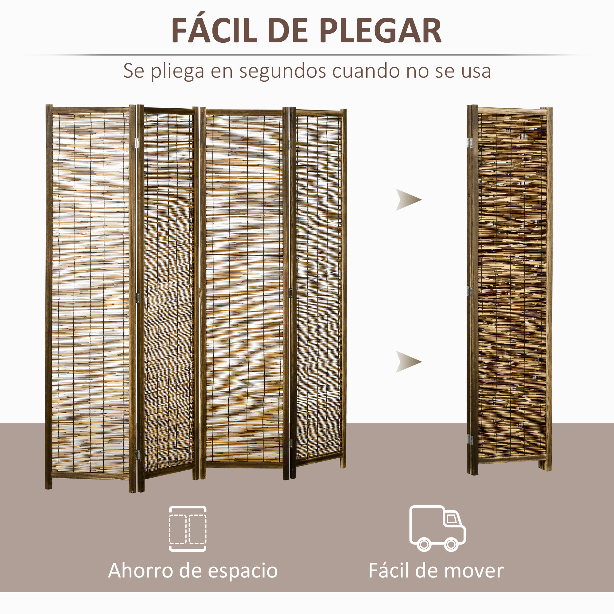 Biombo de 4 Paneles Divisor de Habitación Plegable 160x1,8x170 cm Separador de Ambientes de Madera y Carrizo Estilo Rústico para Oficina Dormitorio Salón Natural