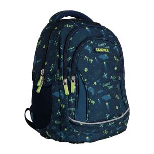 Zaino scolastico con tre cerniere, pannello imbottito, dettagli riflettenti e compatibile con trolley. 28x12x37 cm.