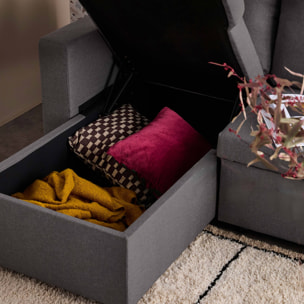 Canapé d'angle SMILE convertible réversible compact 3 places en tissu gris foncé. L 213.5 x P 136.5 x H 83cm. avec coffre de rangement