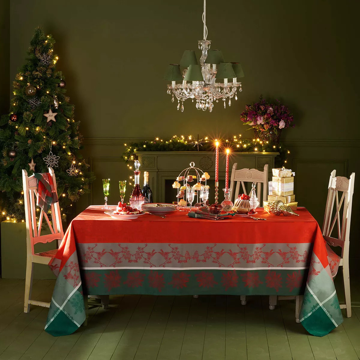 Set pur coton anti tache motif jacquard Cadeaux de noel rouge