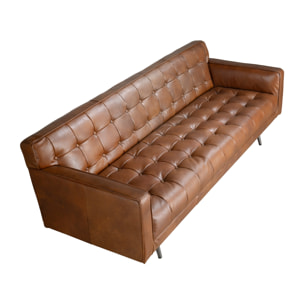 Sofá Chester de 3 plazas tapizado en piel de origen vacuno en marrón oscuro patas de acero inoxidable oscurecido 212x79x70cm