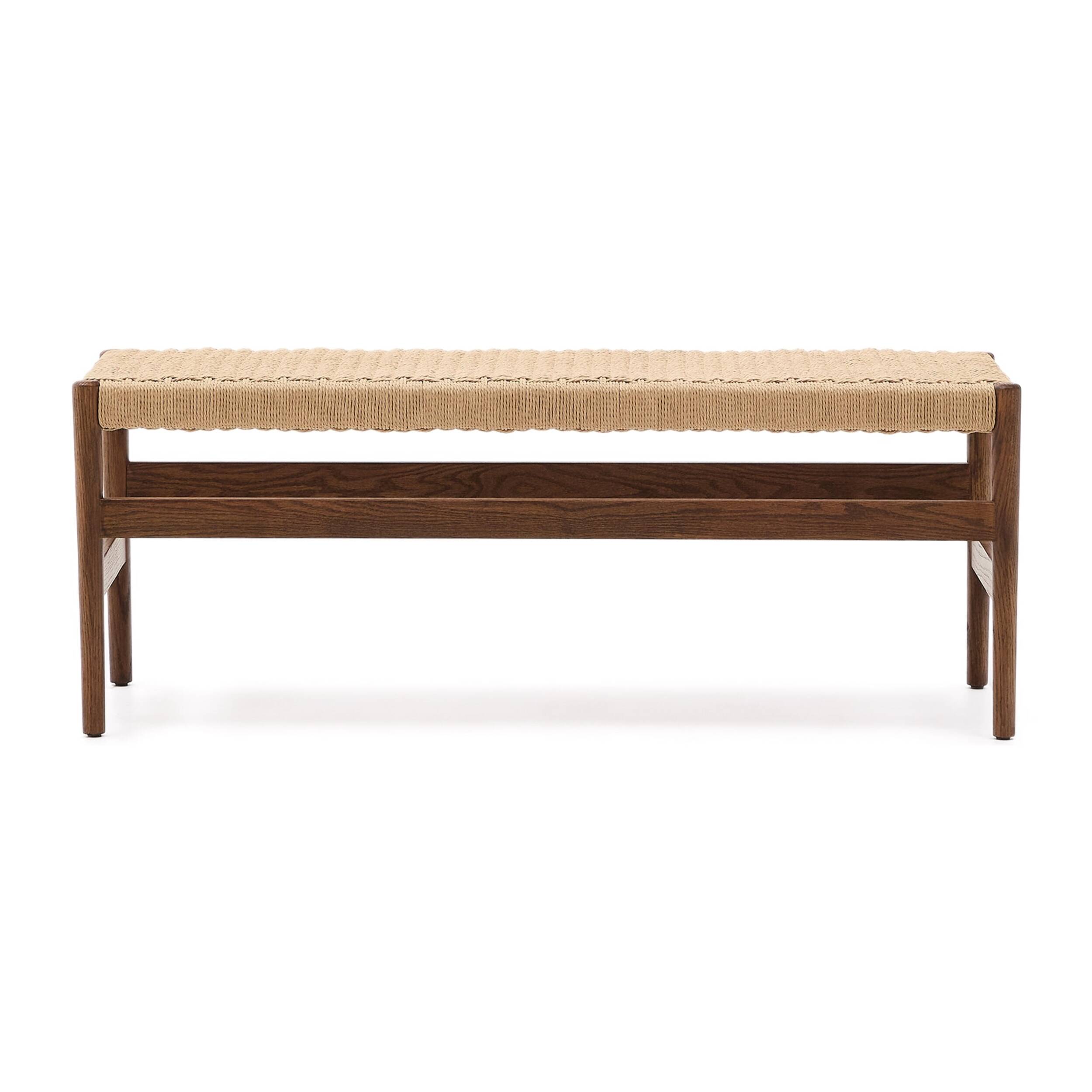 Banco Zaide de madera maciza de roble con acabado nogal y asiento de cuerda 120cm FSC 100%