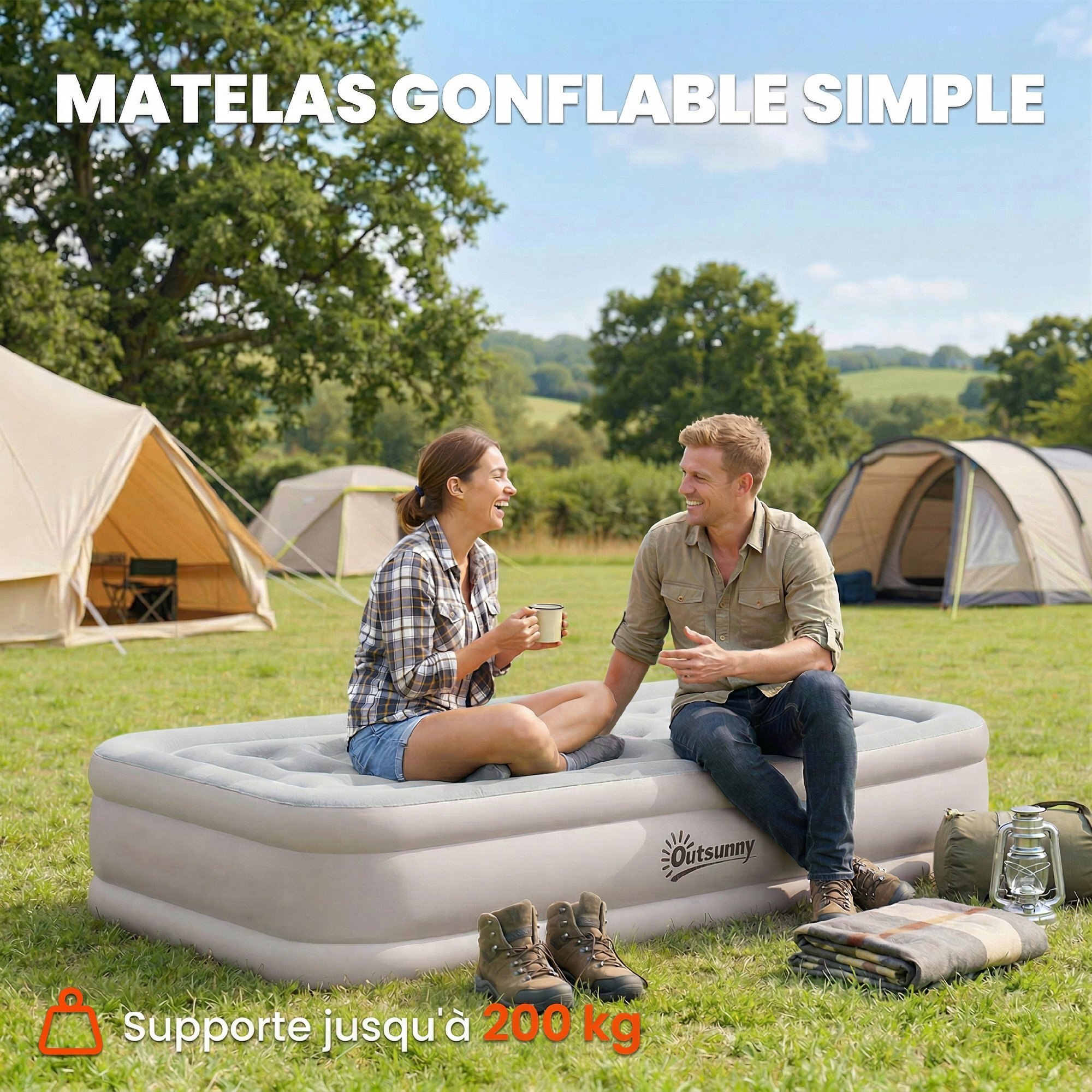 Matelas gonflable électrique - 1 personne - gonfleur intégré - floqué kaki grisé