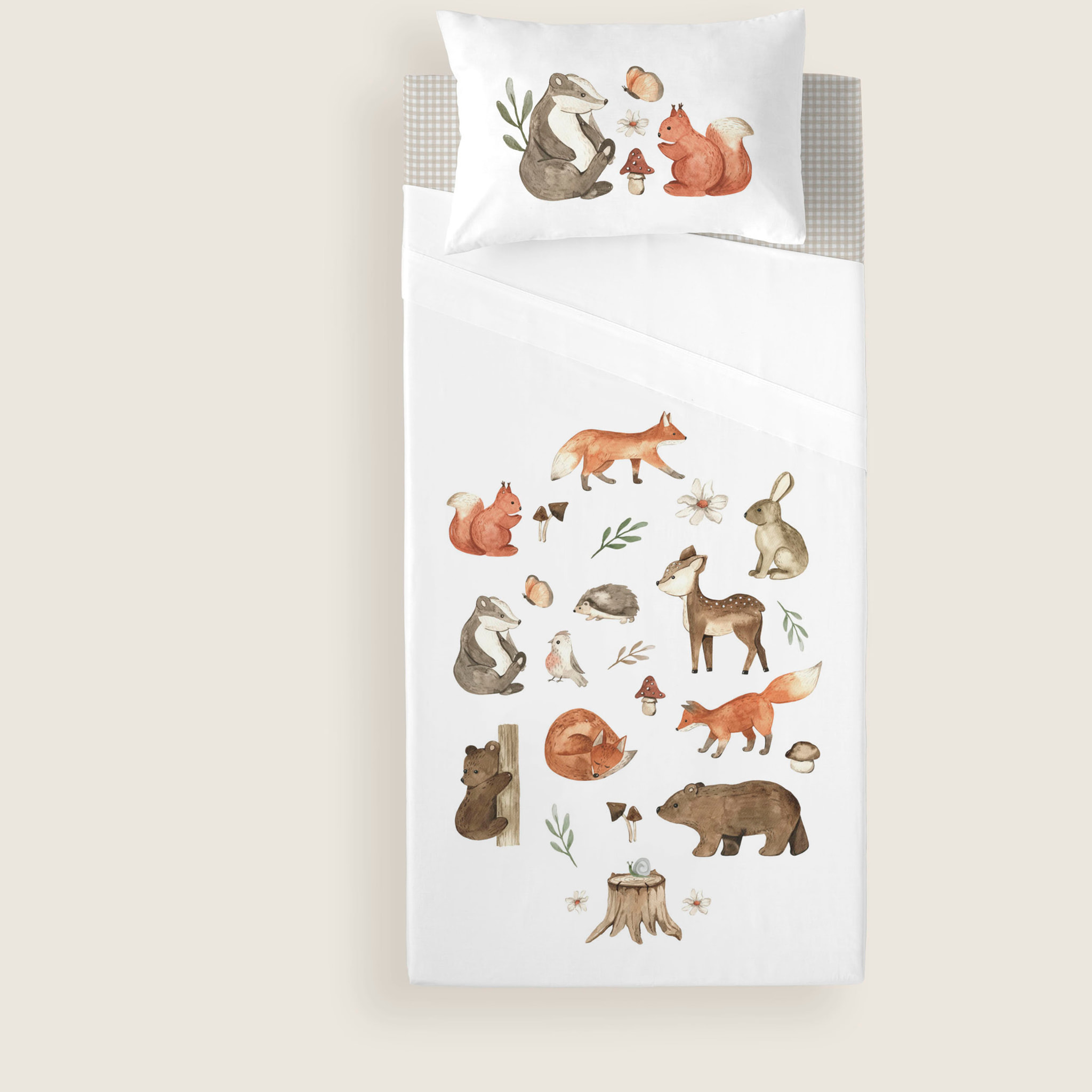 Cool Kids - Juego de Sábanas Estampadas - Infantil - Incluye 1 Funda de Almohada + 1 Sábana Bajera - 100% Algodón - Cuna/Maxicuna - Woodland