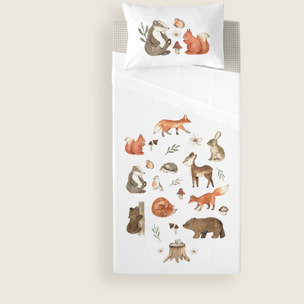 Cool Kids - Juego de Sábanas Estampadas - Infantil - Incluye 1 Funda de Almohada + 1 Sábana Bajera - 100% Algodón - Cuna/Maxicuna - Woodland