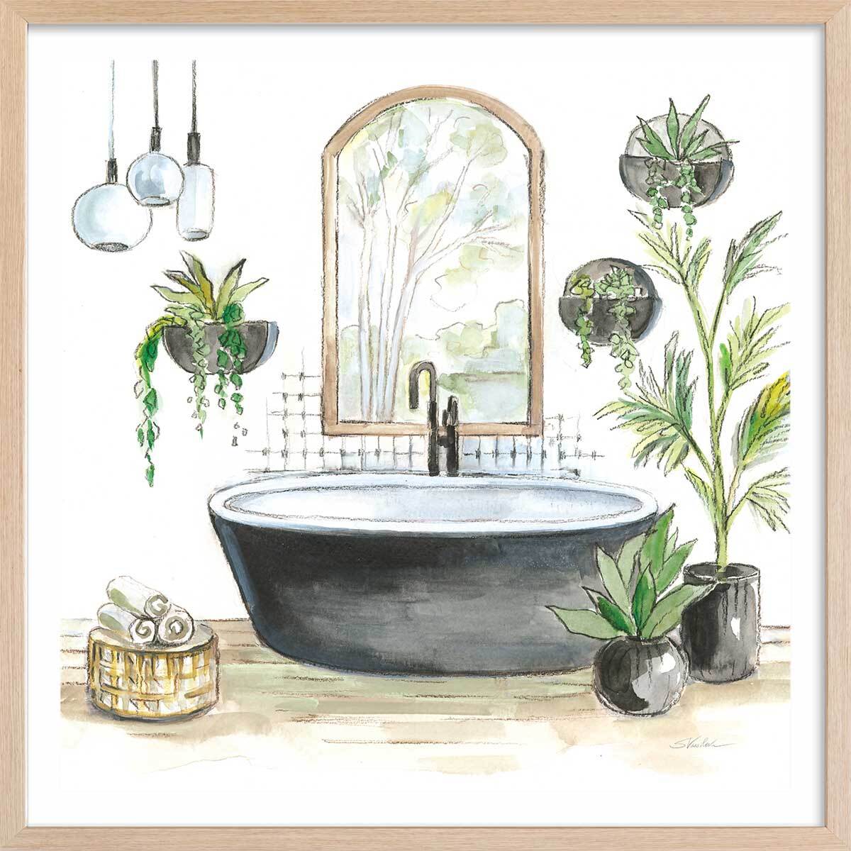 Affiche Baignoire de rêve vert Affiche + cadre en bois - Chêne