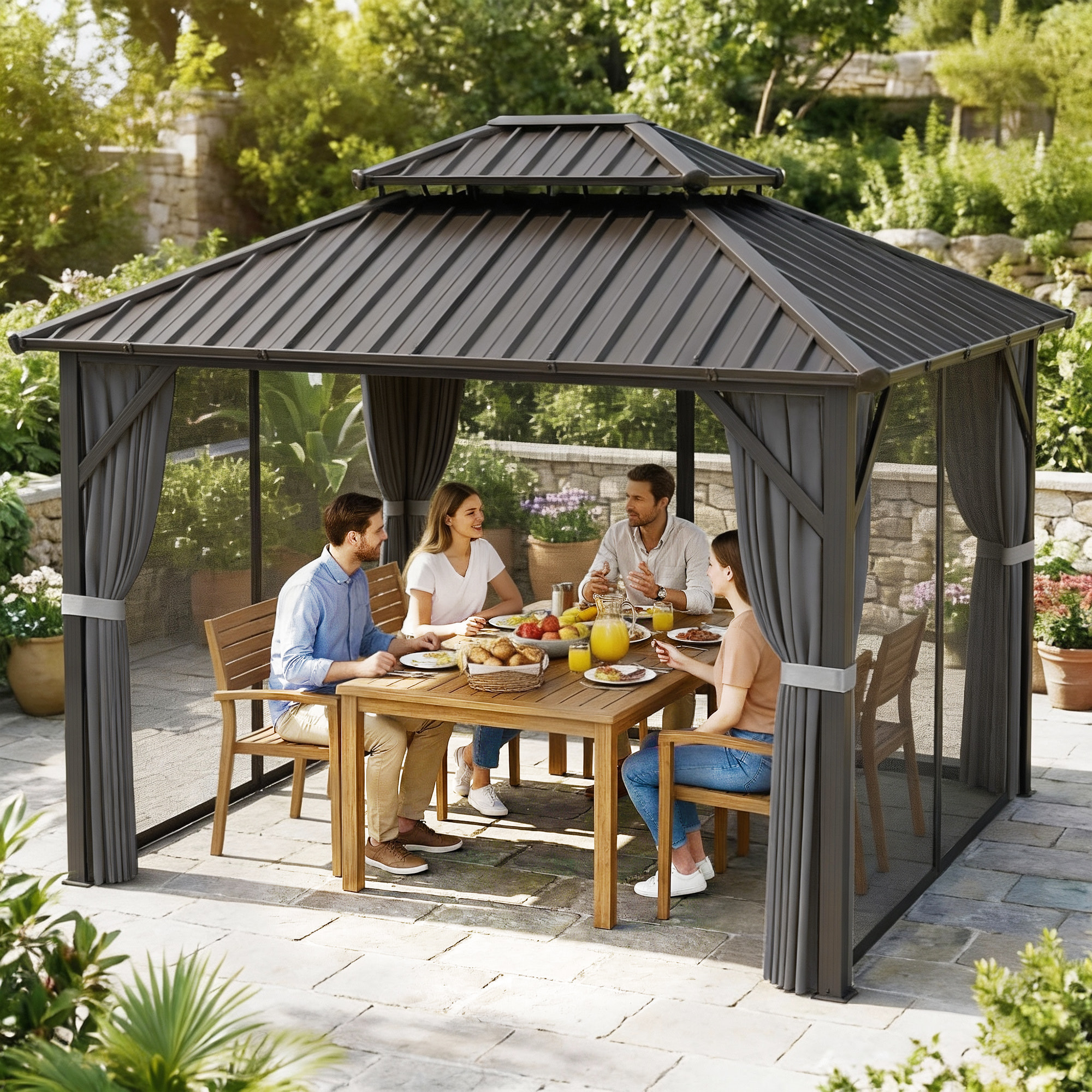 Pavillon de jardin  toit rigide - rideaux et moustiquaire - alu et acier - 3x3,6m - gris foncé