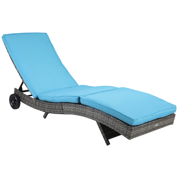 Bain de soleil transat grand confort - dossier inclinable 5 positions roulettes - matelas déhoussable inclus - résine tressée bleu