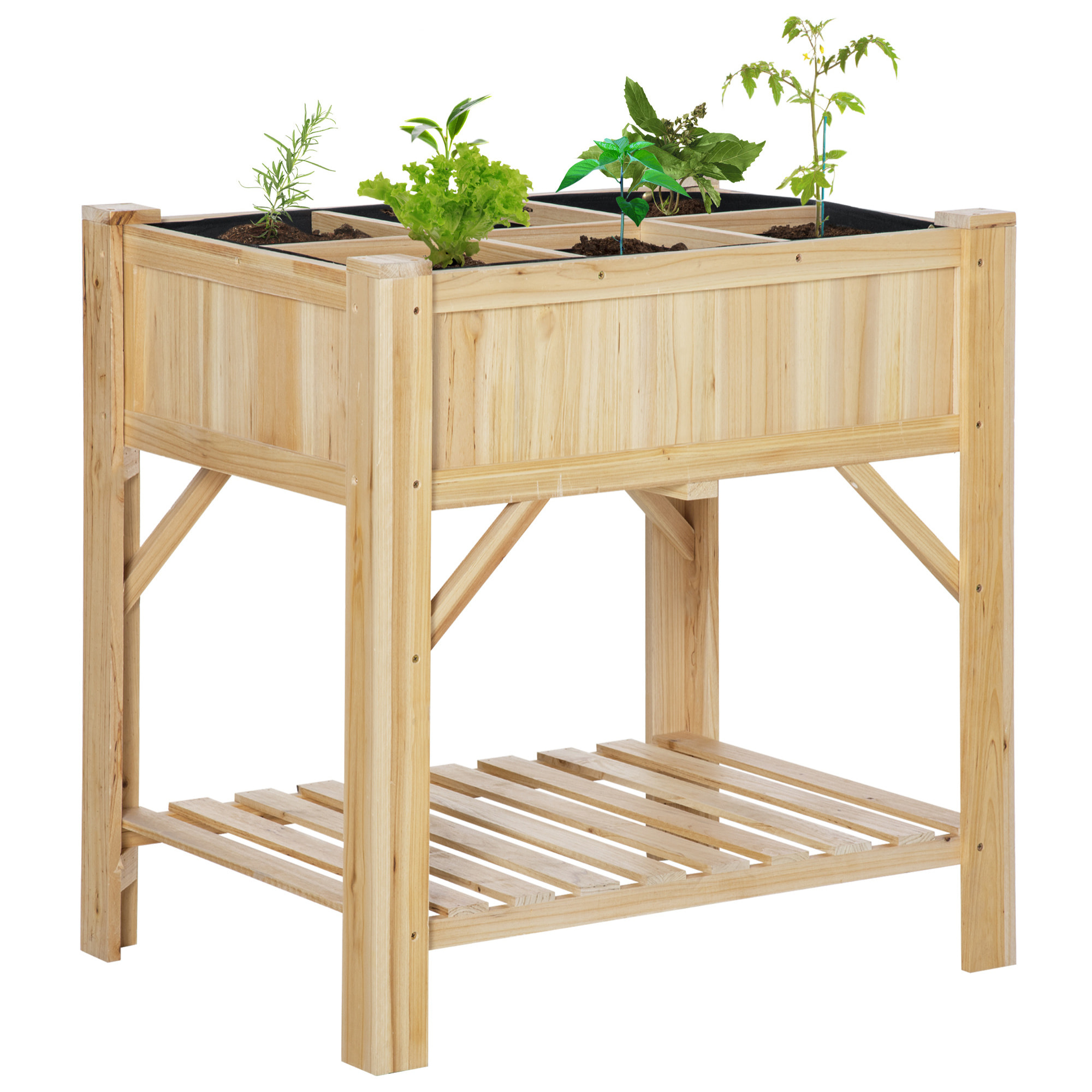 Jardinière sur pieds - carré potager avec étagère - dim. 78L x 58l x 81H cm - 6 compartiments - feutre drainage inclus - bois sapin pré-huilé