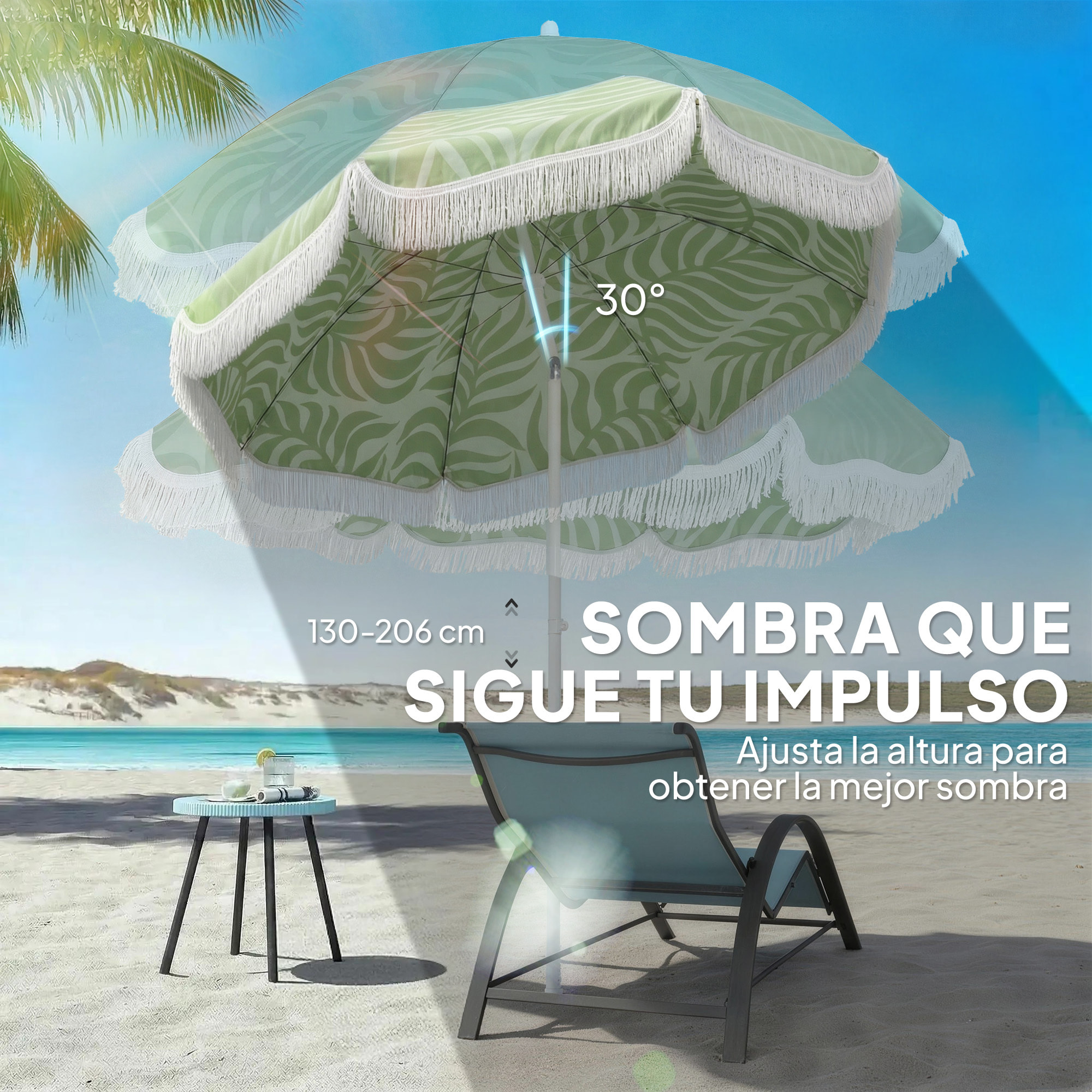 Sombrilla de Playa con Flecos Ø180 cm, Sombrilla de Terraza Exterior con Altura Ajustable, Inclinación, Anclaje Arena y Bolsa de Transporte, UPF30+, Estampado de Hojas, Verde
