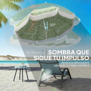 Sombrilla de Playa con Flecos Ø180 cm, Sombrilla de Terraza Exterior con Altura Ajustable, Inclinación, Anclaje Arena y Bolsa de Transporte, UPF30+, Estampado de Hojas, Verde