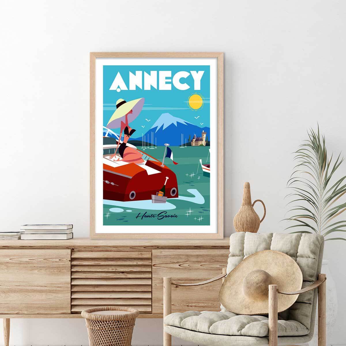 Poster de vedette du lac d' annecy Affiche + cadre en bois - Chêne
