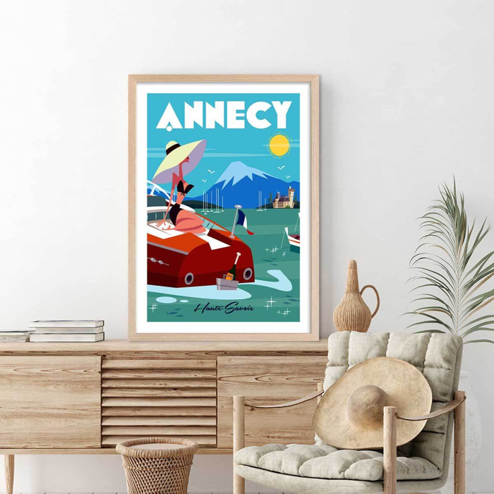 Poster de vedette du lac d' annecy Affiche + cadre en bois - Chêne