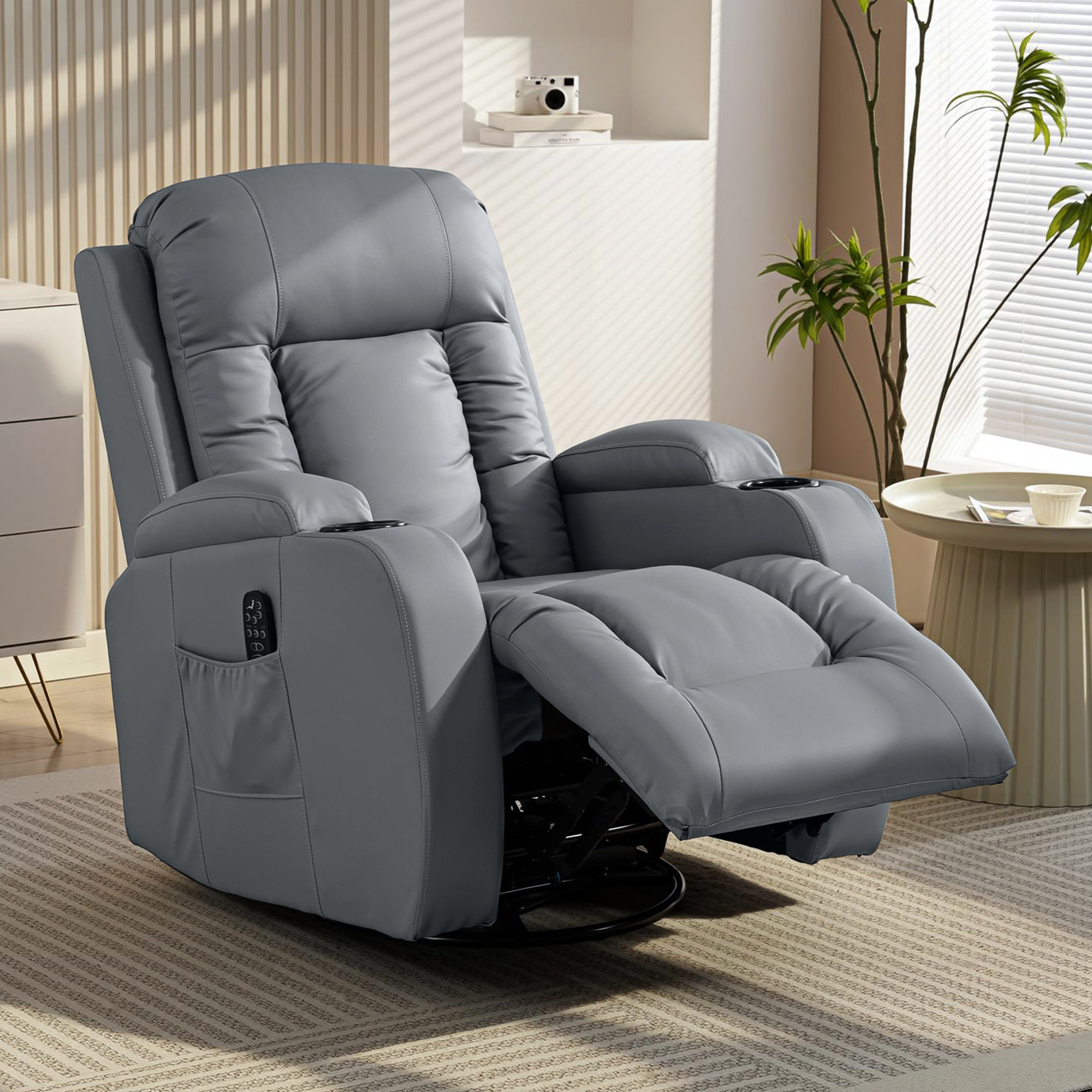 Sillón de Masaje Giratorio, Sillón Relax Reclinable con 8 Puntos de Masaje, Función Calefacción Lumbar, Mando a Distancia, Tapizado en PU, Reposapiés, Bolsillo Lateral, Función Basculante Gris