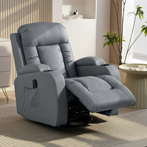 Sillón de Masaje Giratorio, Sillón Relax Reclinable con 8 Puntos de Masaje, Función Calefacción Lumbar, Mando a Distancia, Tapizado en PU, Reposapiés, Bolsillo Lateral, Función Basculante Gris