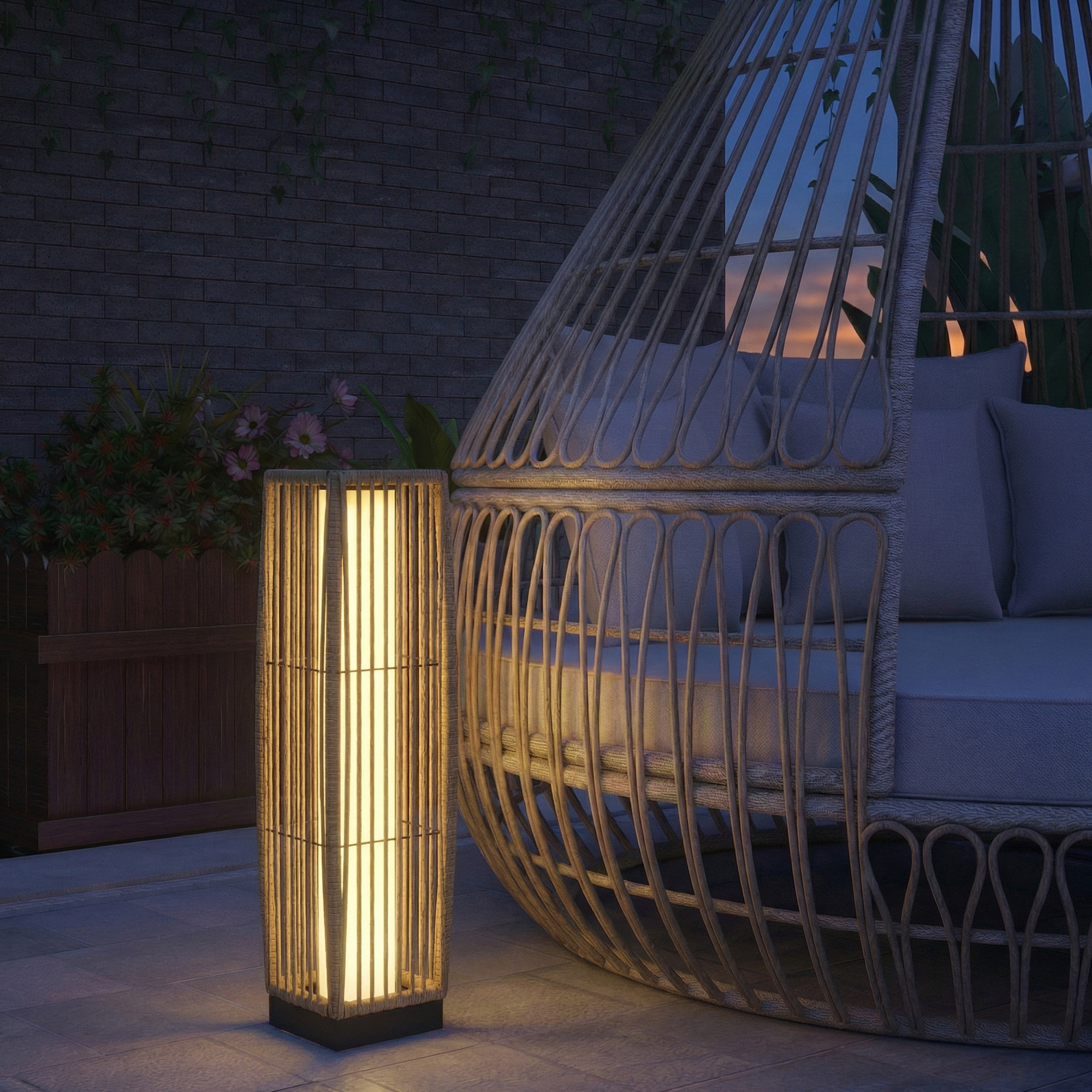 Linterna de Jardín de Ratán, Farola Solar Exterior con Luces LED Encendido y Apagado Automático, Impermeable, IP44, Lámpara de pie para Terraza, Balcón, Patio, 19x19x68 cm, Arena