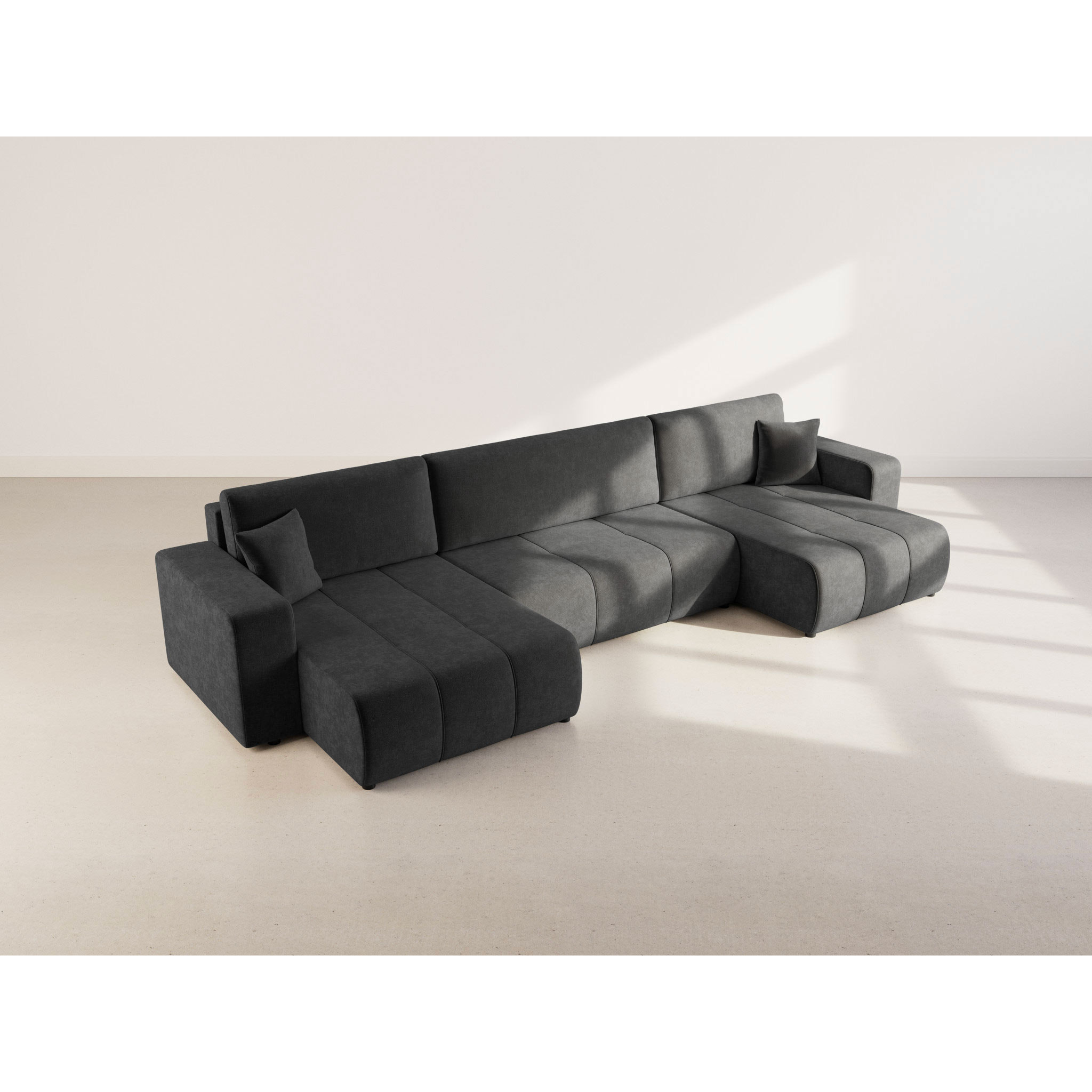 Nicole - Canapé panoramique en U 7 places convertible avec coffre en tissu - Gris Anthracite