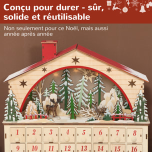 Calendrier de l'Avent LED en bois forme maison scène fôret enneigée avec rennes - 24 tiroirs - rouge naturel