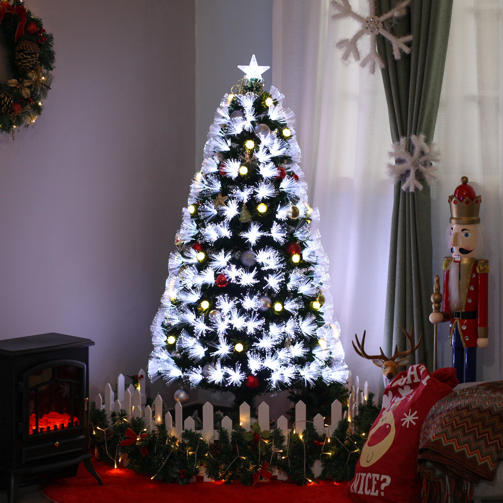 HOMCOM 150cm Albero di natale artificiale rami 180 luce a LED fibre ottiche