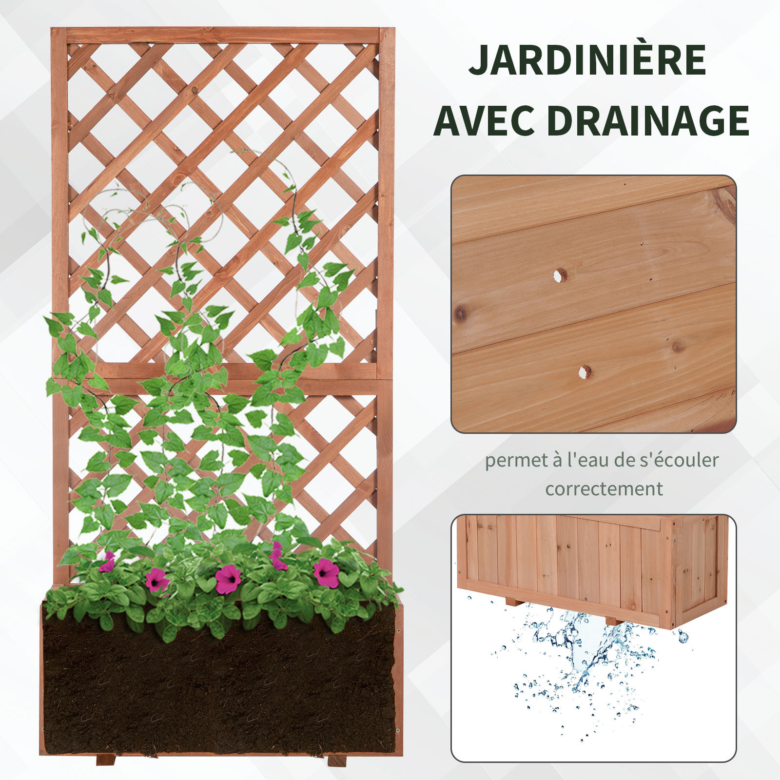 Jardinière avec treillis - bac à fleurs - jardinière sur pied - dim. 72,5L x 31,5l x 149,5H cm inserts d'irrigation inclus bois sapin pré-huilé