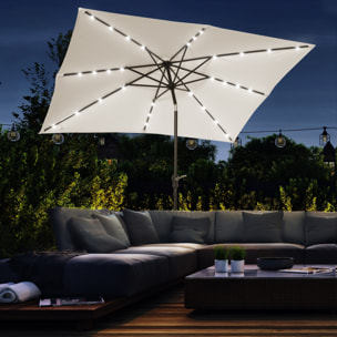 Parasol lumineux rectangulaire inclinable dim. 2,68L x 2,05l x 2,48H m parasol LED solaire métal polyester haute densité blanc cassé