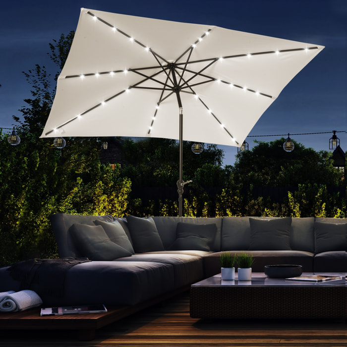 Parasol lumineux rectangulaire inclinable dim. 2,68L x 2,05l x 2,48H m parasol LED solaire métal polyester haute densité blanc cassé