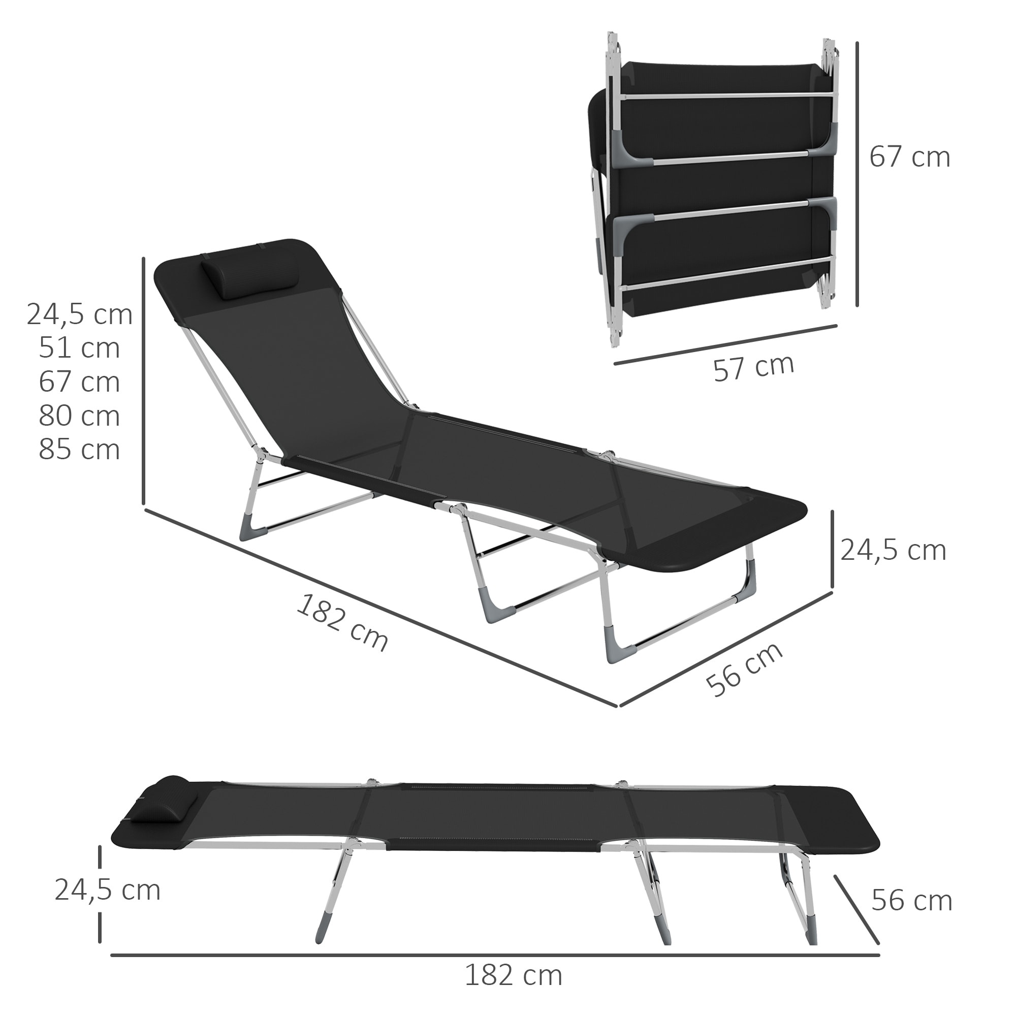 Conjunto de 2 Tumbonas Plegables y Reclinables de Jardín con Reposacabezas y Respaldo Ajustable en 5 Niveles Carga 120 kg para Playa Terraza 182x56x24,5 cm Negro
