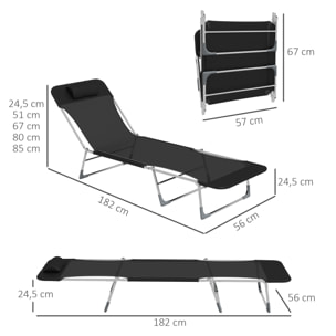 Conjunto de 2 Tumbonas Plegables y Reclinables de Jardín con Reposacabezas y Respaldo Ajustable en 5 Niveles Carga 120 kg para Playa Terraza 182x56x24,5 cm Negro
