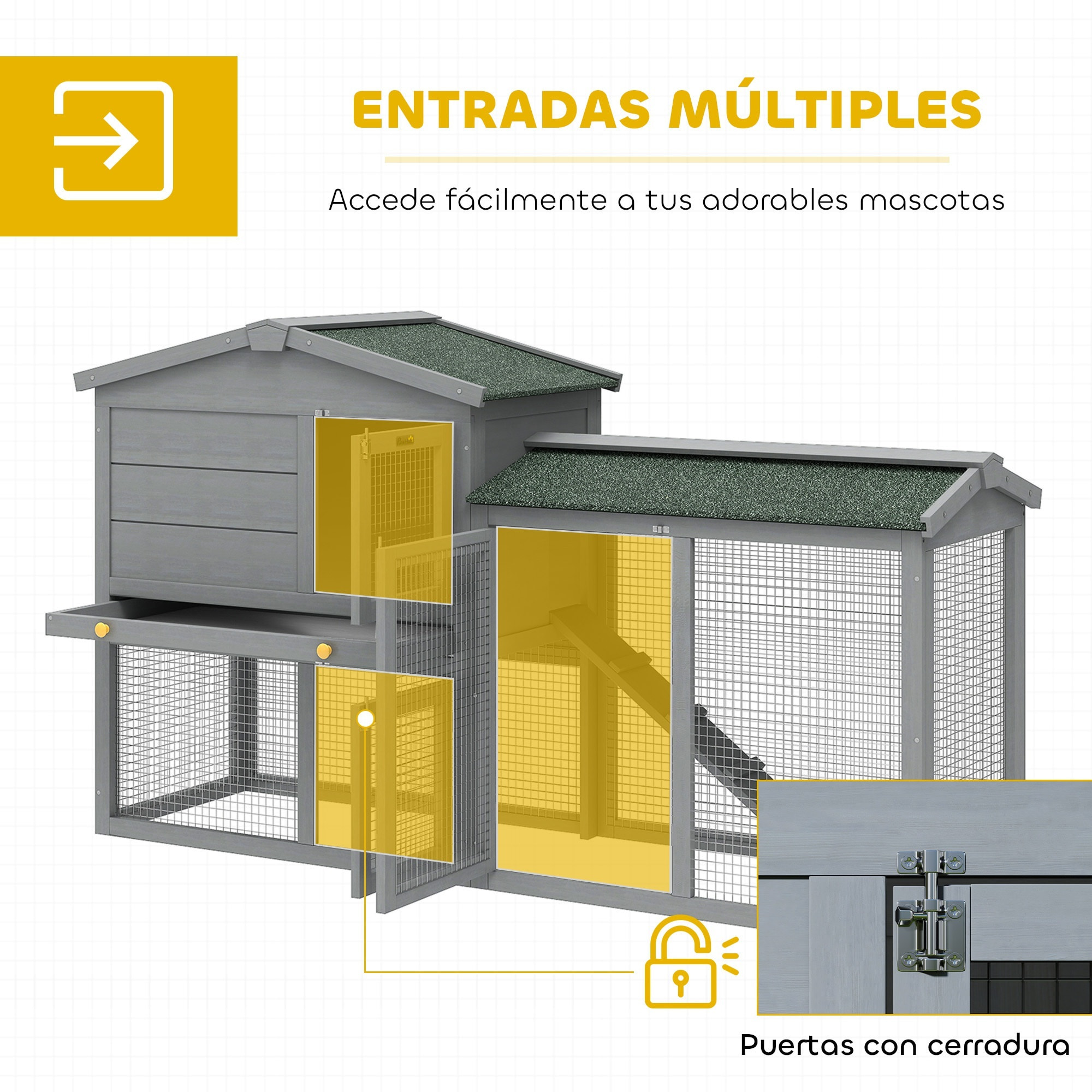 Conejera de Madera de 2 Niveles, Jaula para Conejos Grande con Techo Asfáltico, Bandeja Extraíble y Escalera, Conejera para Exterior, para Cobayas y Hámsteres, 150x45x85 cm, Gris